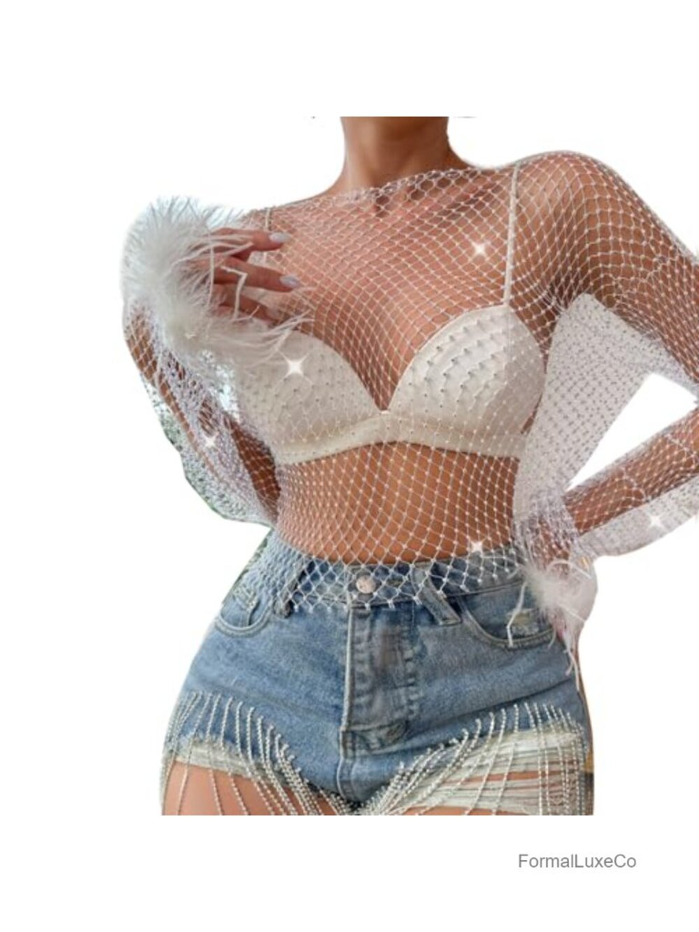Rhinestone Fishnet Mesh Long Sleeve Crop Top Rave Party Festival Clubwear